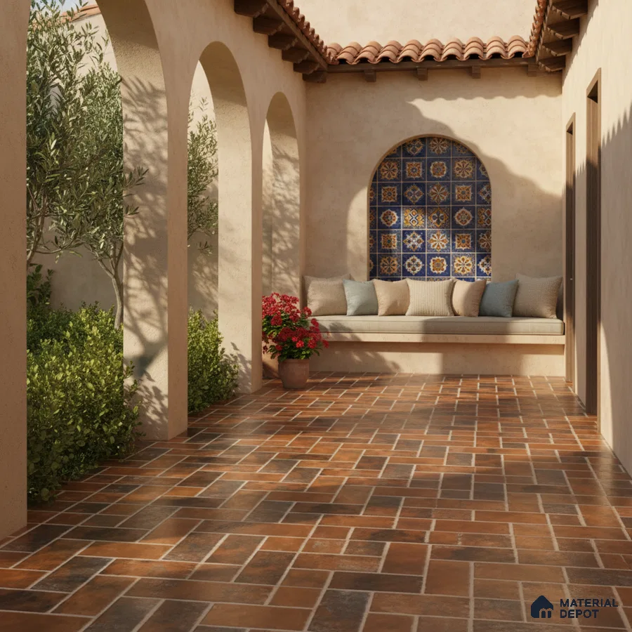 Mediterranean outdoor patio with terracotta floor tiles and blue patterned wall tiles