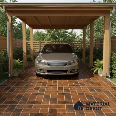 Modern parking with terracotta and brown stone-look floor tiles and wooden pergola roof