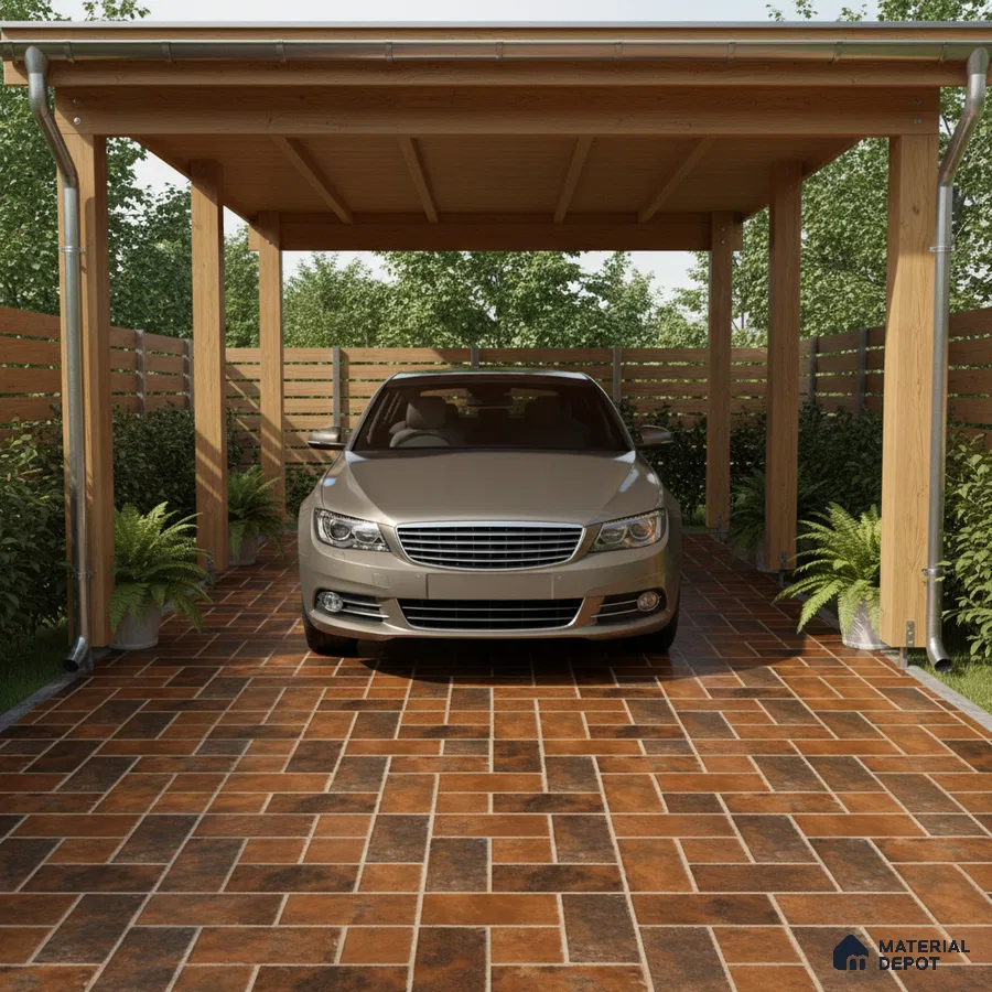 Modern parking with terracotta and brown stone-look floor tiles and wooden pergola roof