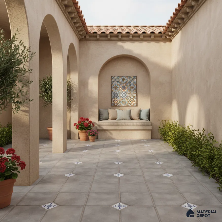 Mediterranean outdoor courtyard with terracotta roof, beige stucco walls, and patterned ceramic floor tiles