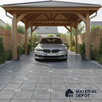 Modern parking with grey ceramic floor tiles and wooden pergola structure