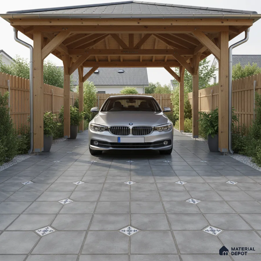 Modern parking with grey ceramic floor tiles and wooden pergola structure