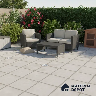 Modern outdoor seating with light grey ceramic floor tiles and rattan furniture