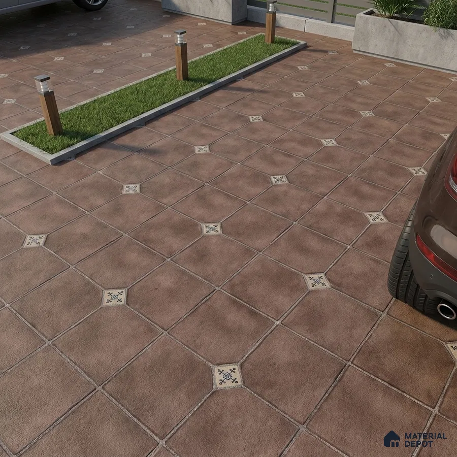 Modern parking with rustic brown patterned floor tiles and decorative inserts