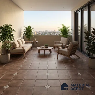 Scandinavian balcony with terracotta patterned floor tiles and light wood outdoor furniture