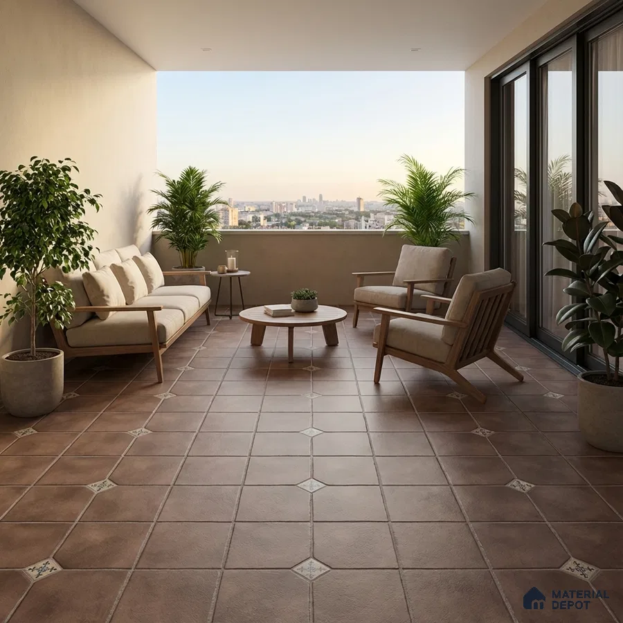 Scandinavian balcony with terracotta patterned floor tiles and light wood outdoor furniture