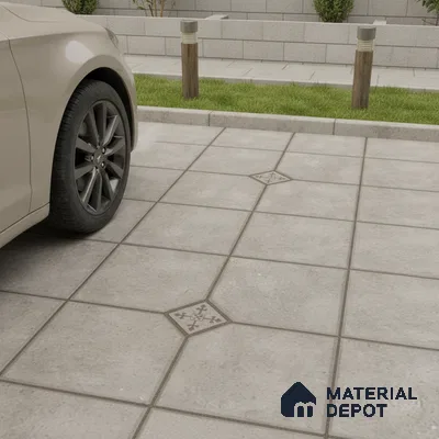 Modern parking area with grey cement look floor tiles and geometric accent inserts