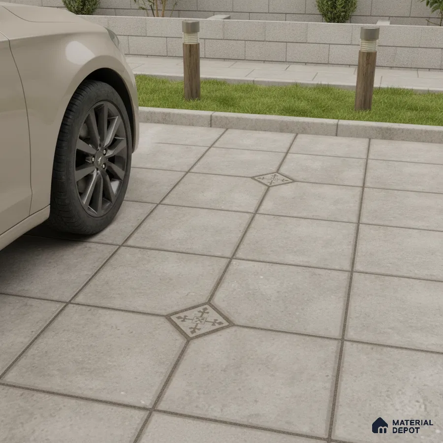 Modern parking area with grey cement look floor tiles and geometric accent inserts