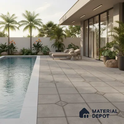 Modern outdoor poolside with light grey patterned floor tiles and tropical landscaping