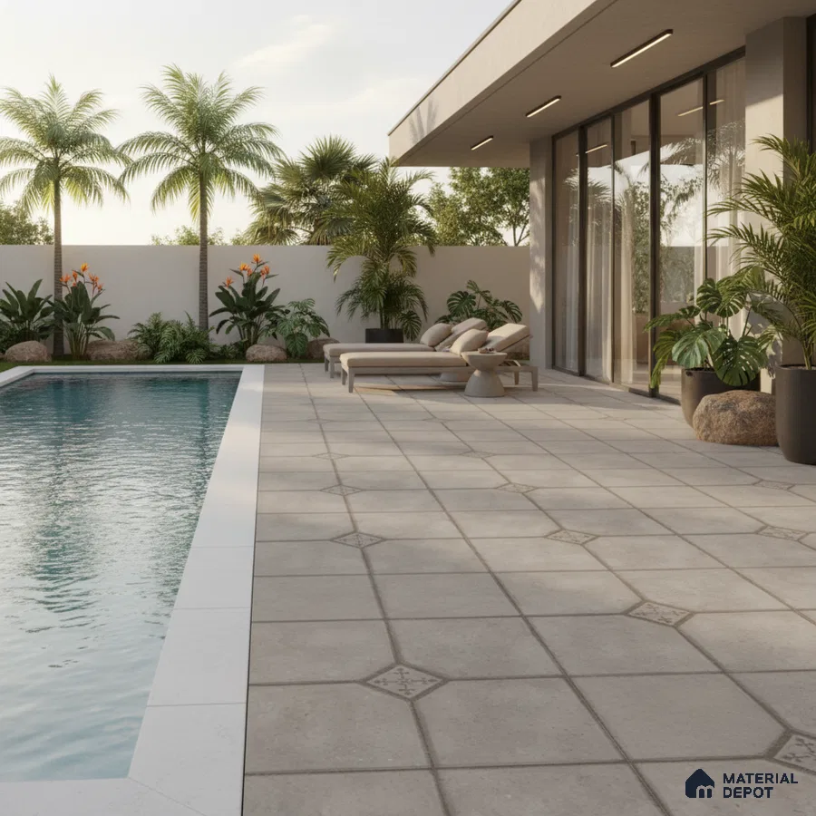 Modern outdoor poolside with light grey patterned floor tiles and tropical landscaping