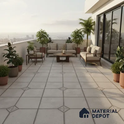 Modern outdoor balcony with beige patterned floor tiles and wooden furniture