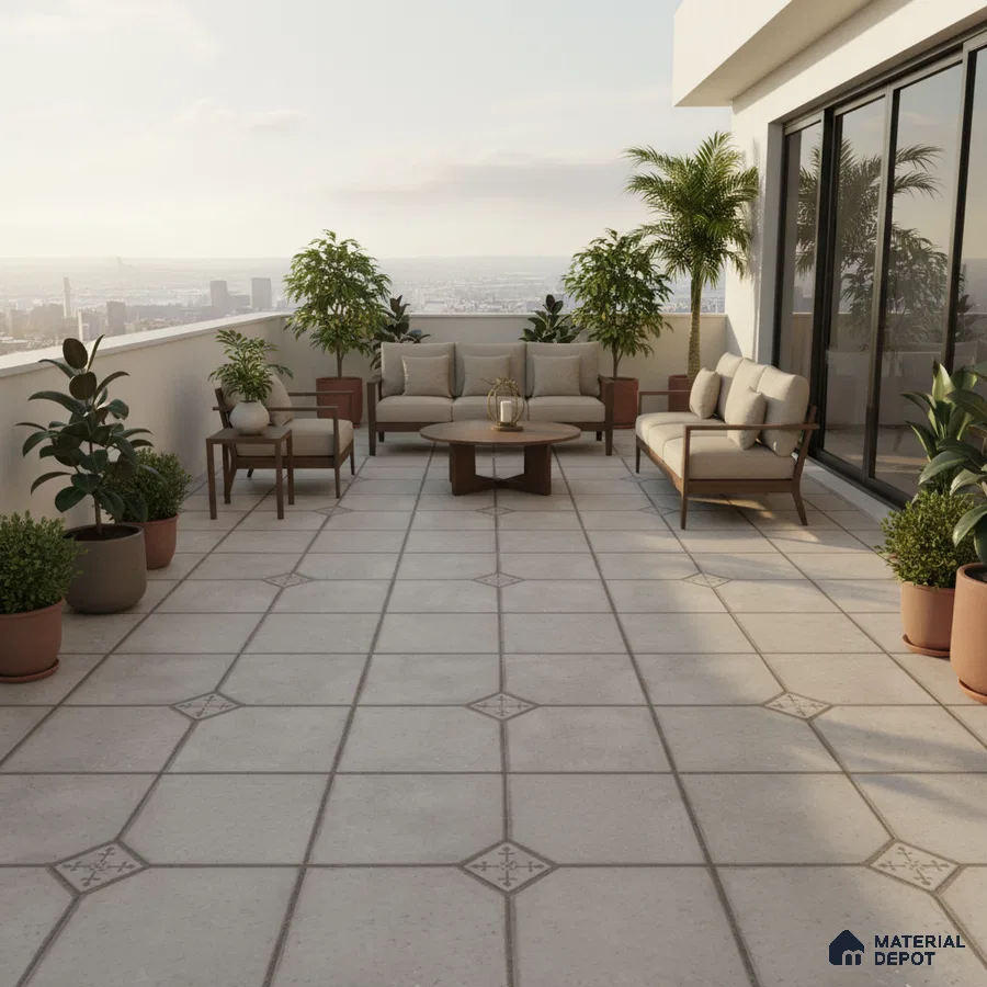 Modern outdoor balcony with beige patterned floor tiles and wooden furniture