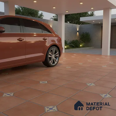 Modern parking with terracotta floor tiles and patterned accent inserts