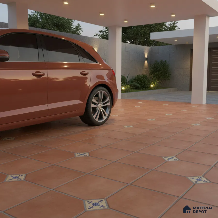 Modern parking with terracotta floor tiles and patterned accent inserts