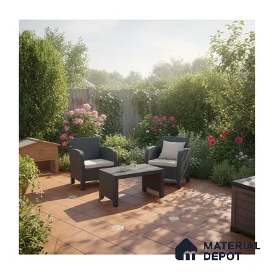 Mediterranean outdoor patio with terracotta floor tiles and rattan furniture