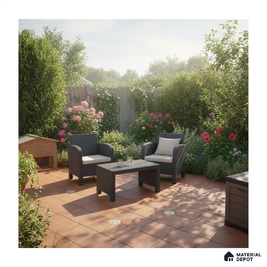 Mediterranean outdoor patio with terracotta floor tiles and rattan furniture
