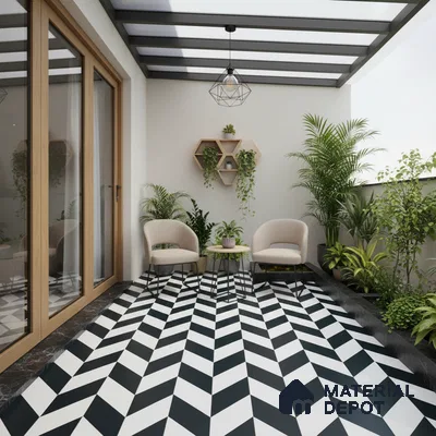 Modern balcony with black-and-white geometric floor tiles and wood frame doors
