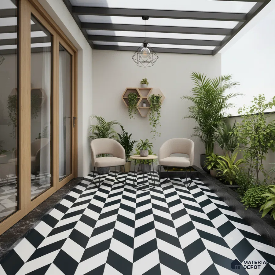 Modern balcony with black-and-white geometric floor tiles and wood frame doors