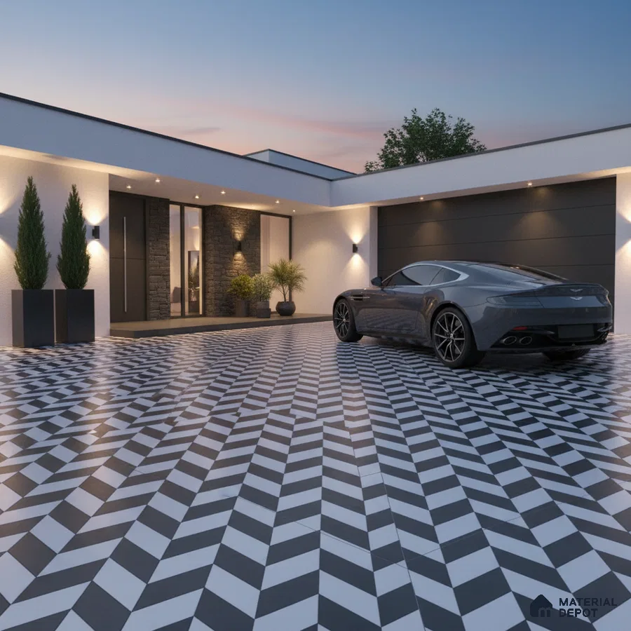 Modern parking with black-and-white geometric floor tiles and stone cladding accent wall