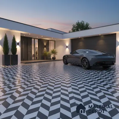 Modern parking with black-and-white geometric floor tiles and stone cladding accent wall