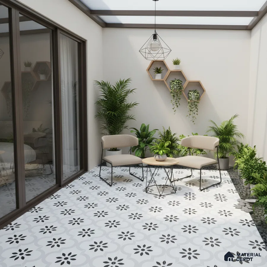 Modern balcony with black-and-white floral patterned floor tiles and minimalist decor