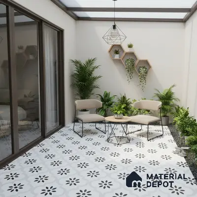 Modern balcony with black-and-white floral patterned floor tiles and minimalist decor
