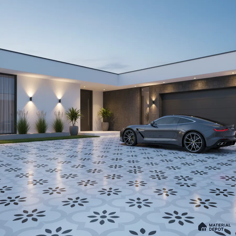 Modern parking with black-and-white floral patterned floor tiles and dark stone cladding