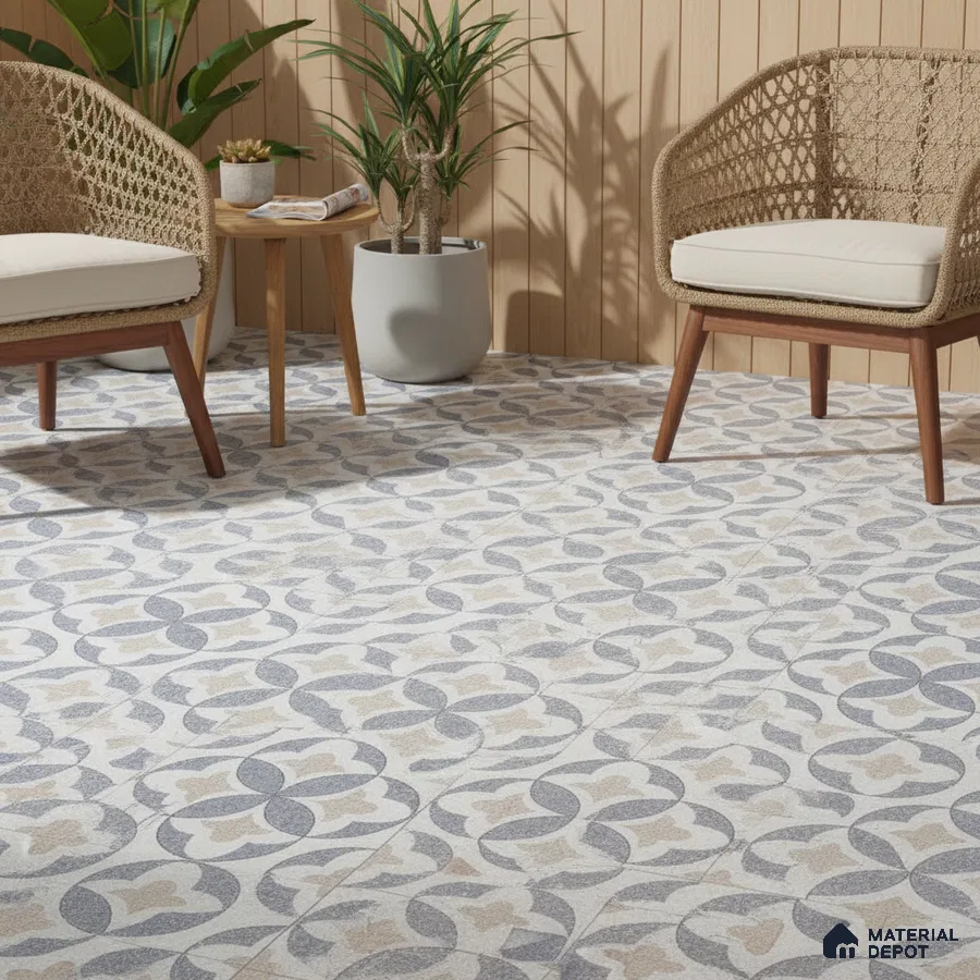 Scandinavian balcony with patterned geometric floor tiles and light wood wall panels