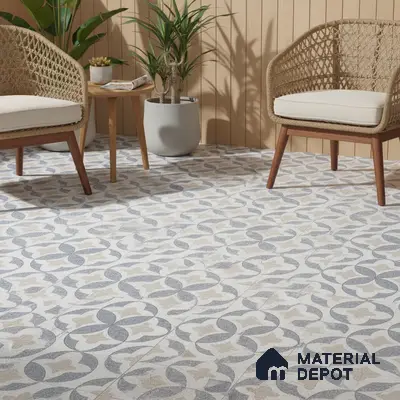 Scandinavian balcony with patterned geometric floor tiles and light wood wall panels