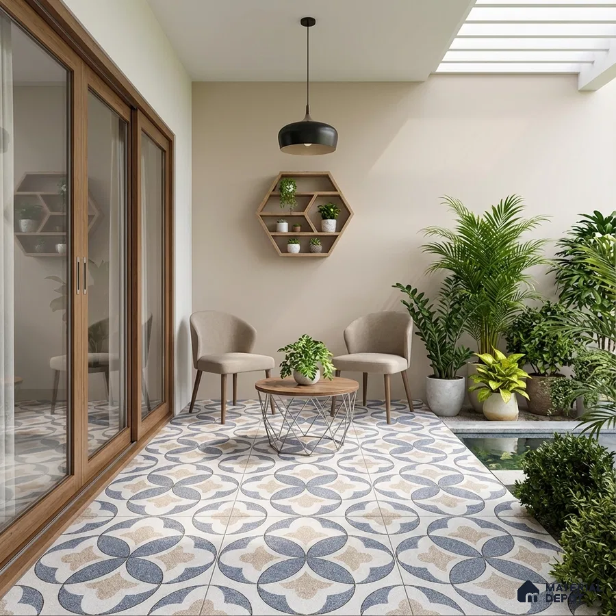 Modern balcony with geometric patterned floor tiles and wooden accents