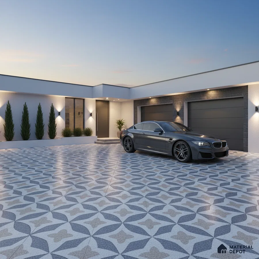 Modern parking with geometric patterned floor tiles and minimalist exterior walls