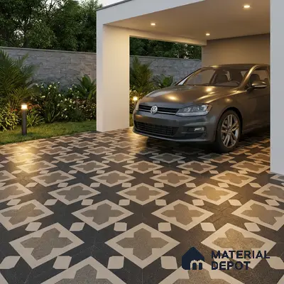 Modern parking with black and beige geometric patterned floor tiles