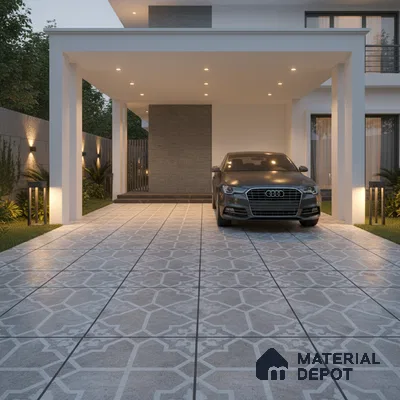 Modern parking with geometric patterned outdoor floor tiles and stone cladding accent wall