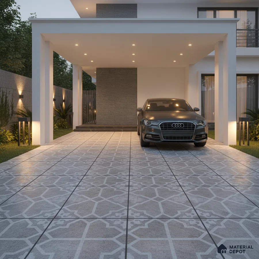 Modern parking with geometric patterned outdoor floor tiles and stone cladding accent wall