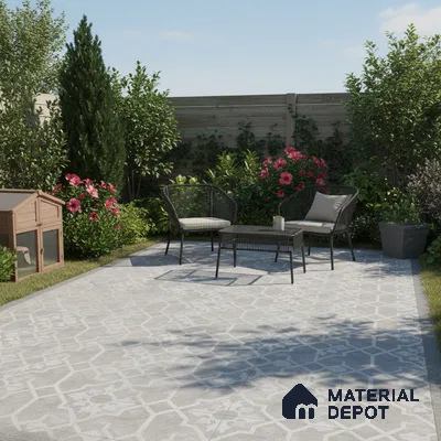 Modern outdoor patio with grey geometric patterned floor tiles and black metal furniture