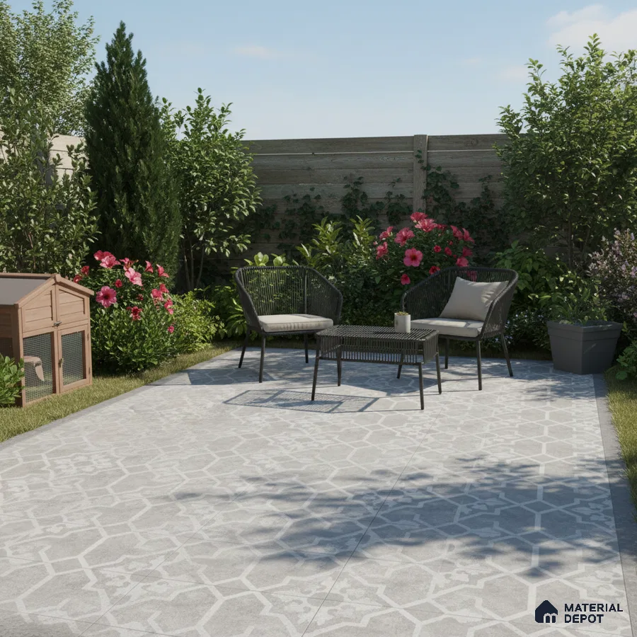 Modern outdoor patio with grey geometric patterned floor tiles and black metal furniture