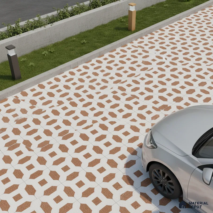 Modern parking with geometric terracotta and white patterned outdoor floor tiles