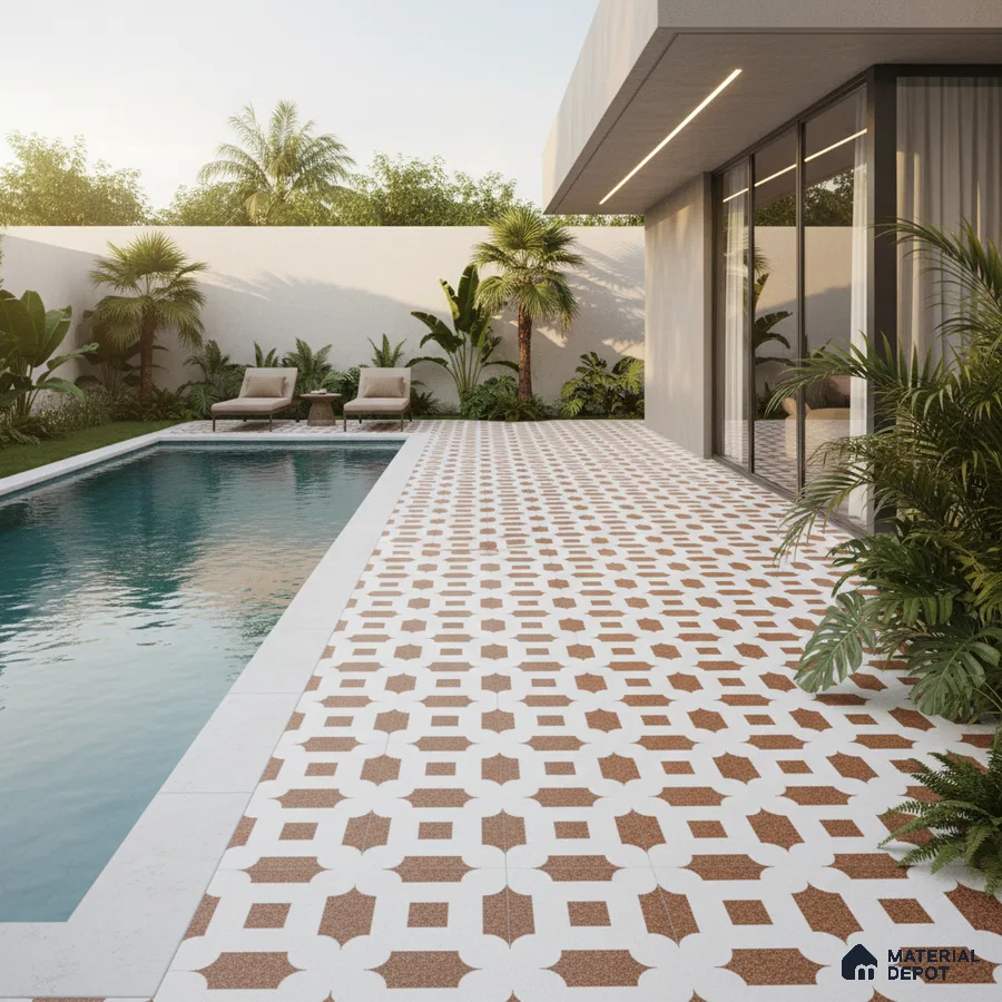 Modern outdoor poolside with geometric terracotta and white patterned floor tiles