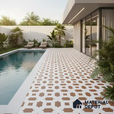 Modern outdoor poolside with geometric terracotta and white patterned floor tiles