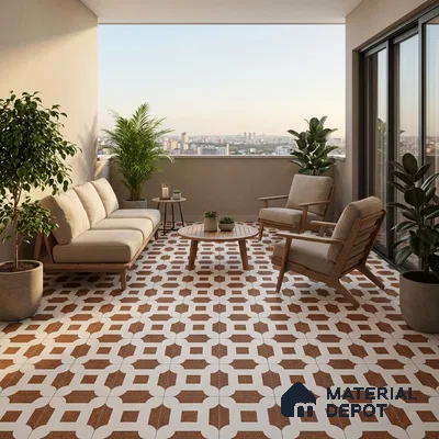 Scandinavian balcony with geometric terracotta and white patterned floor tiles and natural wood furniture