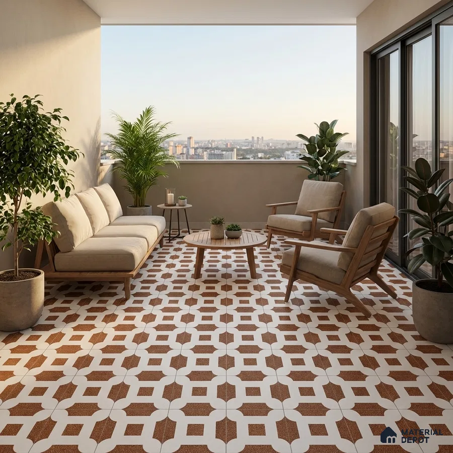Scandinavian balcony with geometric terracotta and white patterned floor tiles and natural wood furniture