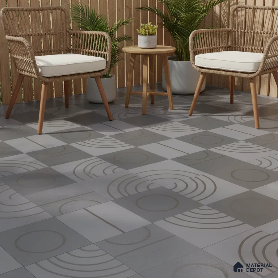 Scandinavian outdoor seating with geometric grey floor tiles and natural wood louver panels