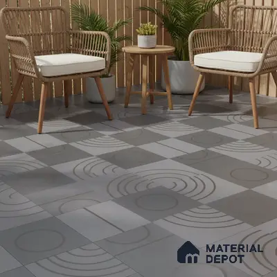 Scandinavian outdoor seating with geometric grey floor tiles and natural wood louver panels