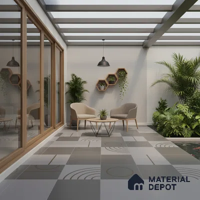 Modern balcony with geometric patterned floor tiles and wooden accents