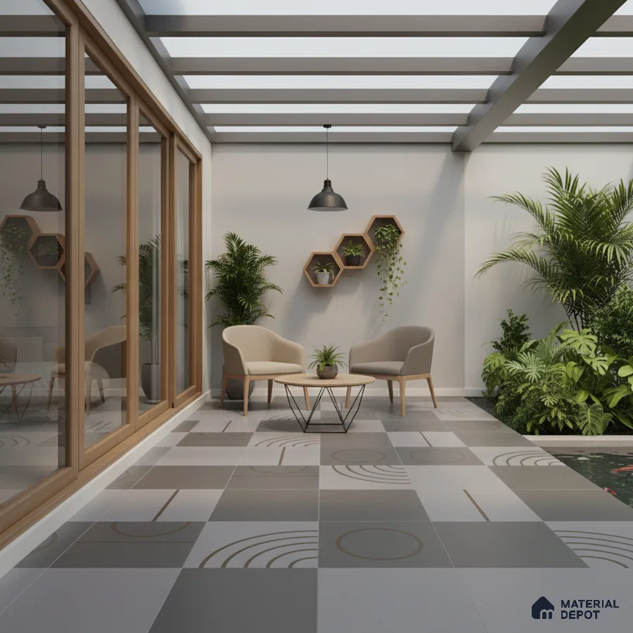 Modern balcony with geometric patterned floor tiles and wooden accents