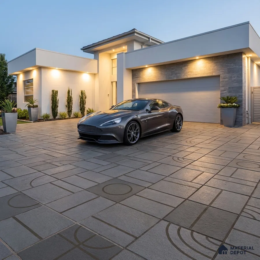 Modern parking with geometric grey stone tiles and textured wall cladding