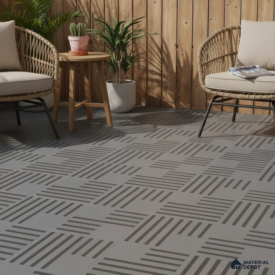 Scandinavian outdoor seating with wood cladding and grey geometric floor tiles
