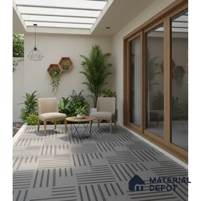 Scandinavian outdoor patio with geometric grey floor tiles and wooden framed glass doors
