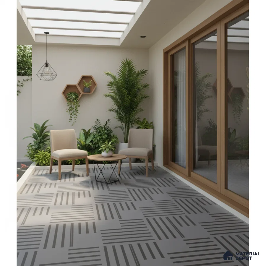 Scandinavian outdoor patio with geometric grey floor tiles and wooden framed glass doors