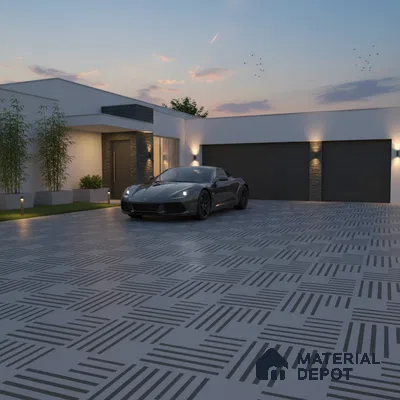 Modern parking with geometric grey floor tiles and stone cladding accents